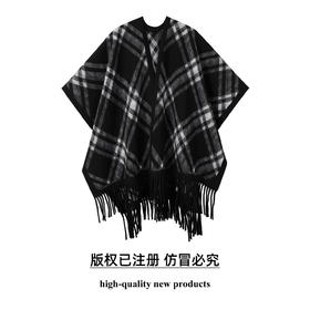 奢姿大码女装2025冬季格纹流苏羊毛披肩斗篷式外套复古英伦风围巾WJ91073