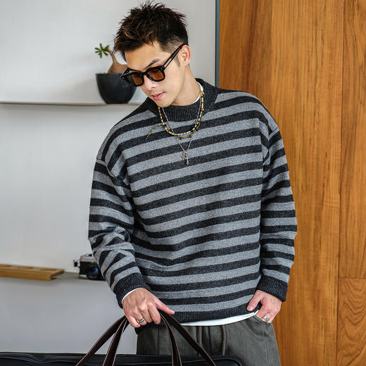 徐太浪【撞色混纺 复古条纹】美式毛衣男秋冬休闲内搭针织衫上衣 商品图0