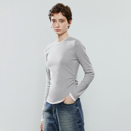 初语拼接假两件修身软弹收褶T恤8541003 商品图2