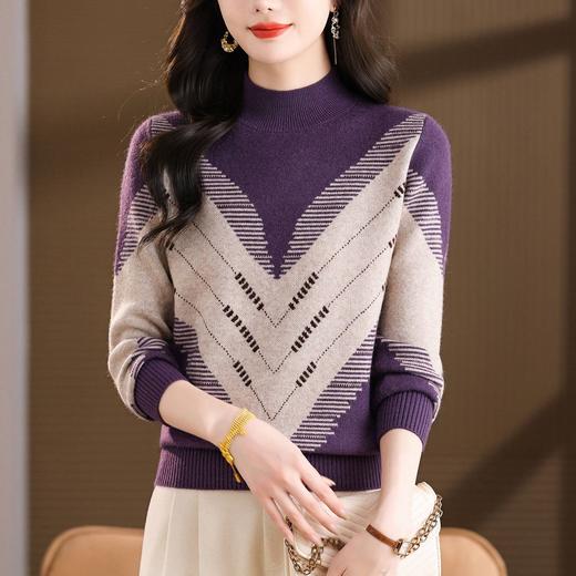 CC2025秋冬半高领撞色菱形提花毛衣女短款长袖针织衫保暖内搭打底衫 商品图2