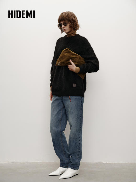 HIDEMI 藏地可溯源牦牛绒系列长毛拉毛圆领廓形麂皮拼接厚款大毛衣 商品图2