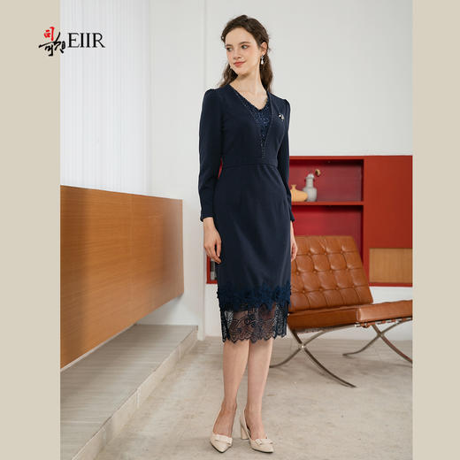 司歌弹力收腰拼蕾丝长袖连衣裙v领春秋A901220X 商品图4