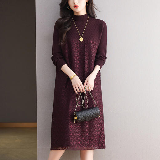 CC网纱拼接连衣裙过膝轻奢高级感针织长裙冬季新款气质显瘦裙子内搭 商品图3