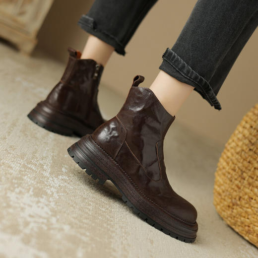 【预售5天】厚底马丁靴女英伦风侧拉链秋冬新款真软皮复古圆头粗跟短靴MDY&M1317-7 商品图3