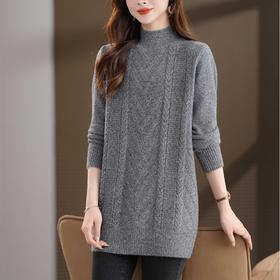 CC半高领中长款毛衣女秋冬季卡其色麻花针织衫宽松显瘦百搭打底毛衣