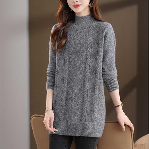 CC半高领中长款毛衣女秋冬季卡其色麻花针织衫宽松显瘦百搭打底毛衣 商品图0