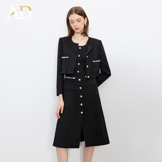 AD财阀千金重工小香风套装裙女冬季气质黑色短外套粗花呢连衣裙 商品图2