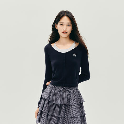 森马针织衫女冬短款假两件撞色刺绣修身2025新款小性感小心机上衣 商品图2