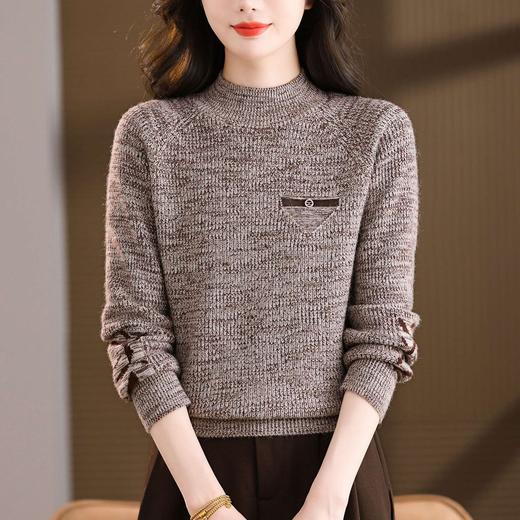 CC2025秋冬新款混色半高领毛衣女针织拼接口袋长袖显瘦内搭短款上衣 商品图2