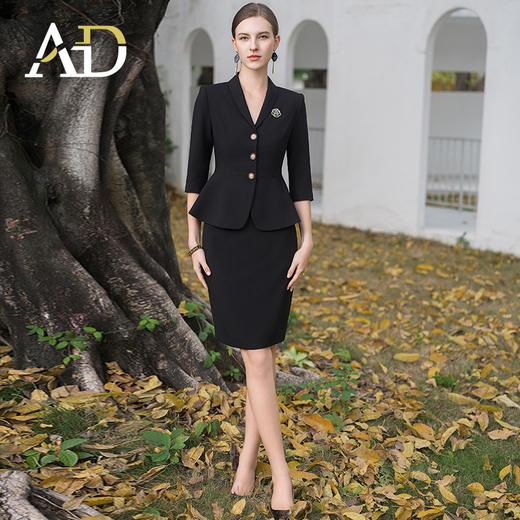 AD酒店前台工装套装女夏季中袖工作服黑色小香风西装套裙修身显瘦 商品图0