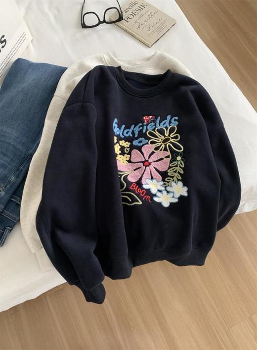 重工毛巾绣加绒套头卫衣！女韩系减龄蘑菇花朵刺绣上衣外套2025秋冬！ 商品图1