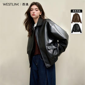 美拉德美式复古机车风PU皮外套女秋季翻领皮衣夹克V0043973