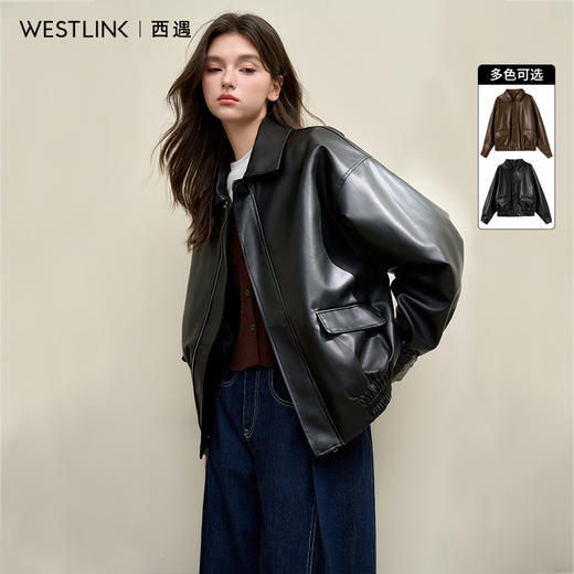 美拉德美式复古机车风PU皮外套女秋季翻领皮衣夹克V0043973 商品图0