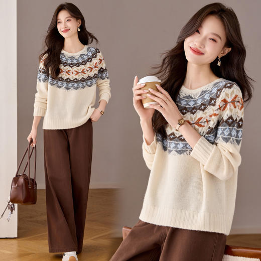 CC100纯羊毛费尔岛复古提花毛衣女秋冬宽松高级感针织打底衫上衣厚 商品图0