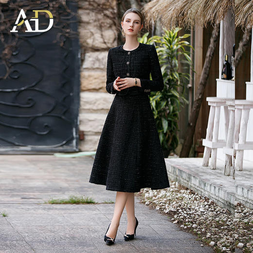 AD时尚气质名媛两件套女2022新款秋冬暗格纹小香风外套毛呢半身裙 商品图2