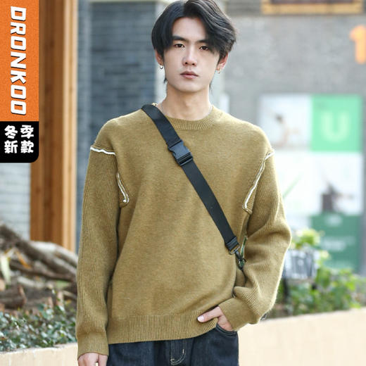 DRONKOO 2025 圆领肩袖撞色边两侧反边粗针微阔厚毛衣 商品图0