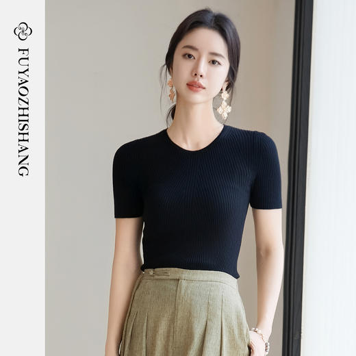 FUYAO扶摇 2025夏季天丝针织T恤女圆领短袖小衫修身显瘦短袖上衣 商品图1