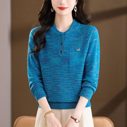 CC复古亮丝酒红色半开领针织衫女秋冬季小标装饰单排扣修身内搭毛衣 商品图2