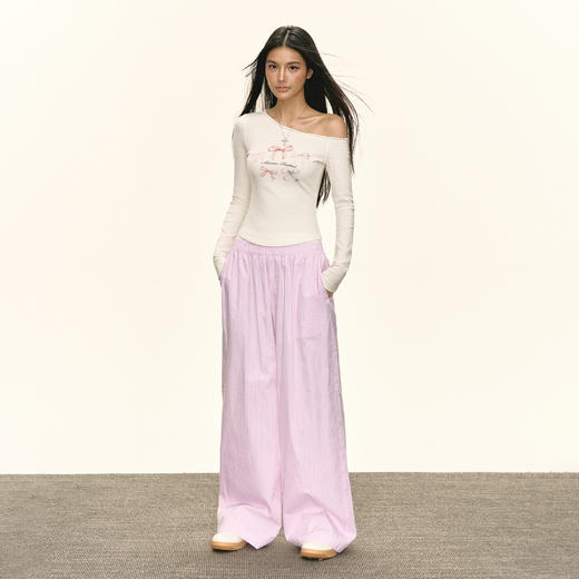 Ariseism 美式复古斜肩蝴蝶结印花长袖T恤女秋季新款修身上衣 商品图3