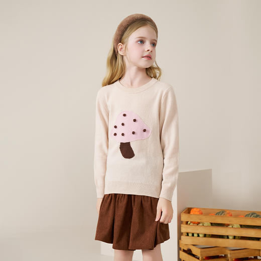 mettekids儿童100%羊绒衫2025秋冬女童可爱蘑菇针织圆领套头毛衣 商品图4