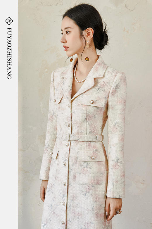 FUYAO扶摇 羊毛粗花呢连衣裙女复古长袖厚款中长裙轻奢小香风裙子 商品图5