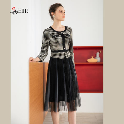 司歌格纹假两件拼网纱连衣裙收腰长袖秋冬A901259X 商品图1