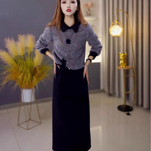 QYM 小香风套装连衣裙娃娃领上下两件套 商品图3