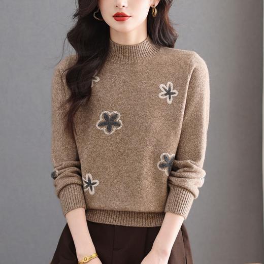 CC2025秋冬新款半高领花朵刺绣针织衫女复古风减龄显瘦百搭打底上衣 商品图2
