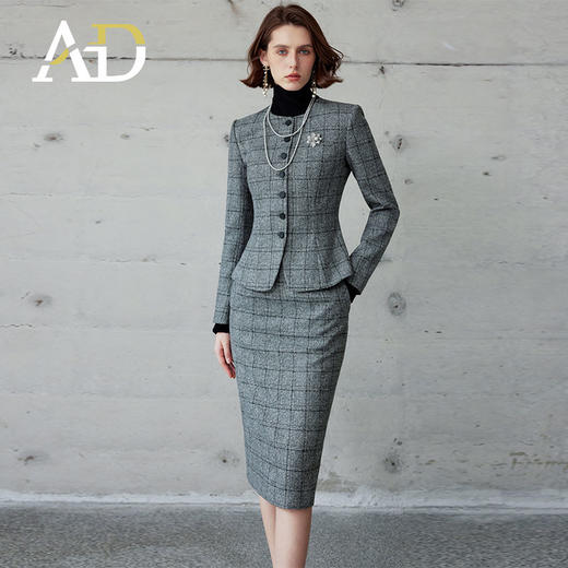 AD职业套装女秋冬两件套灰色格纹短外套2024新款韩版总裁正装套裙 商品图3
