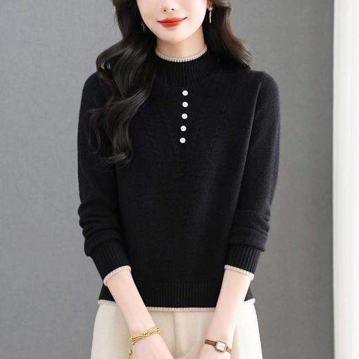 CC2025年秋冬新款米色半高领针织衫女撞色边纽扣装饰显瘦打底衫上衣 商品图2