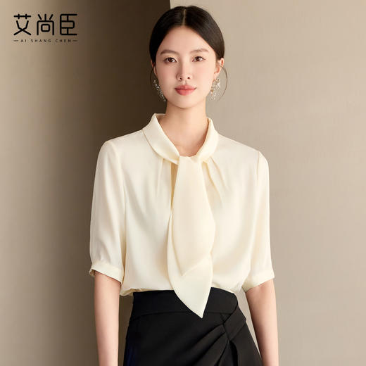 艾尚臣高级感雪纺衬衫女夏季短袖衬衣通勤百搭夏季小香风杏色上衣 商品图0