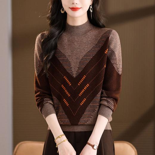 CC2025秋冬半高领撞色菱形提花毛衣女短款长袖针织衫保暖内搭打底衫 商品图1