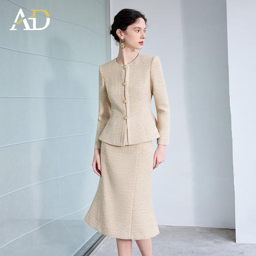 AD高级感西装女职业正装2025新款浅卡其色圆领西装外套包臀鱼尾裙 商品图2