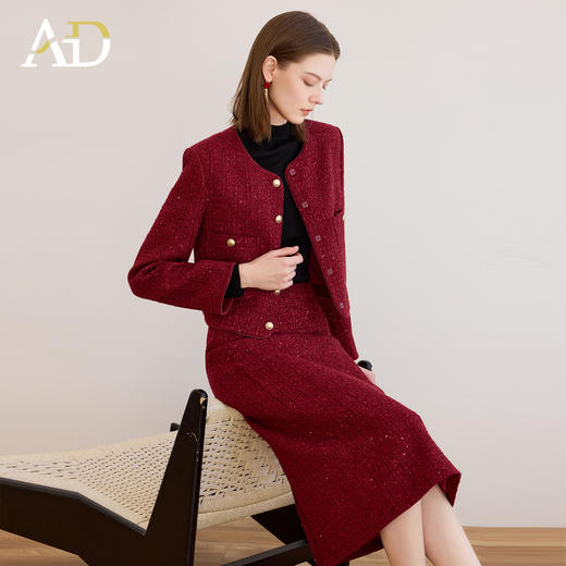 AD金丝名媛范两件套女2025冬季新款红色小香风外套圣诞新年套装裙 商品图2