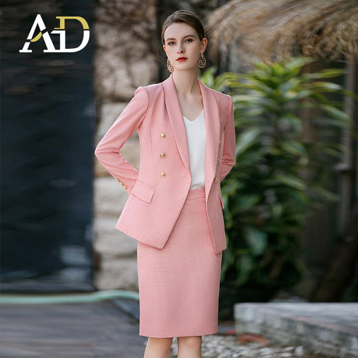 AD2023春季薄款粉色西装套装女小香风两件套半身包臀裙肌理感西服 商品图2