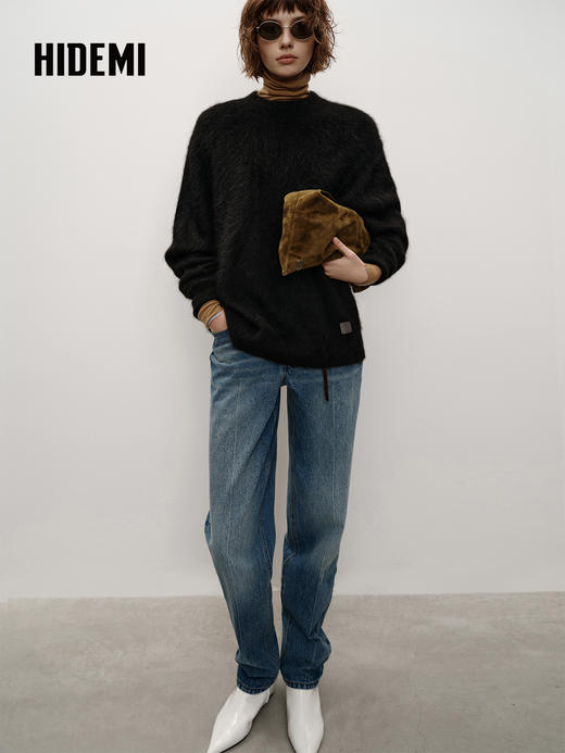 HIDEMI 藏地可溯源牦牛绒系列长毛拉毛圆领廓形麂皮拼接厚款大毛衣 商品图1