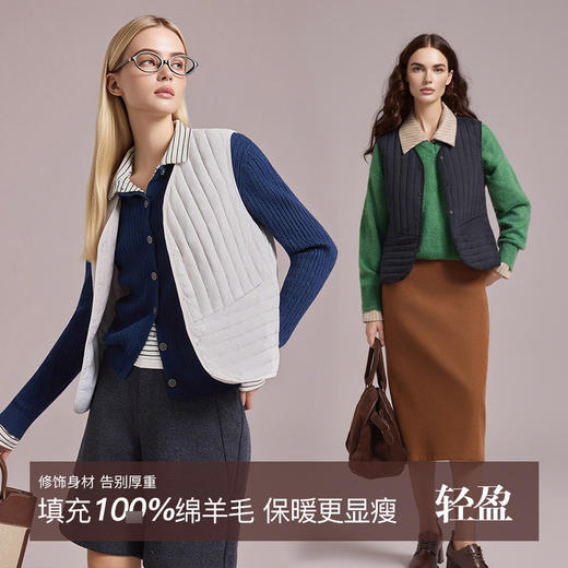 官网2500+ M家秋冬轻薄竖条纹绵羊毛V领锁温外穿女士开衫马甲 蓄热保暖休闲背心内搭保暖 商品图0