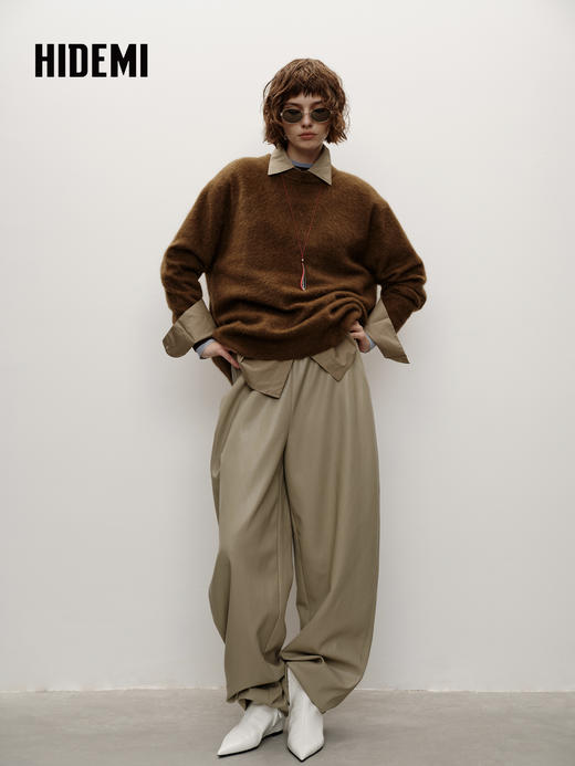 HIDEMI 藏地可溯源牦牛绒系列长毛拉毛圆领廓形麂皮拼接厚款大毛衣 商品图3