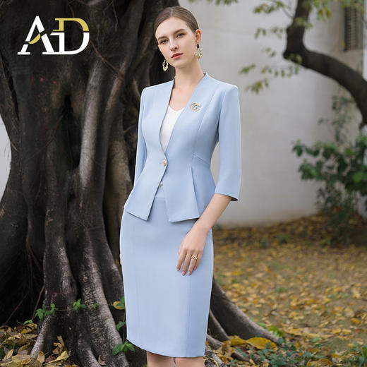 AD医美前台工作装2024新款职业装气质一粒扣中袖外套蓝色西装套装 商品图2
