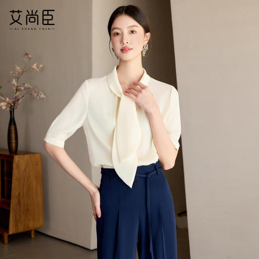 艾尚臣高级感雪纺衬衫女夏季短袖衬衣通勤百搭夏季小香风杏色上衣 商品图1