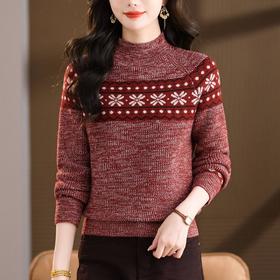 CC半高领雪花提花针织衫女秋冬季2025年复古酒红色显瘦套头打底毛衣