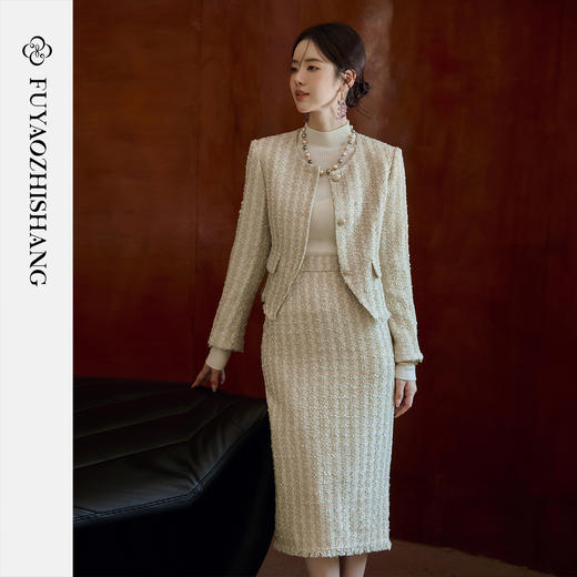 FUYAO扶摇 复古西服套装秋冬名媛小香风穿搭粗花呢加厚西装两件套 商品图3