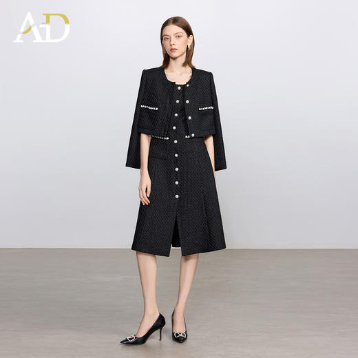 AD财阀千金重工小香风套装裙女冬季气质黑色短外套粗花呢连衣裙 商品图1