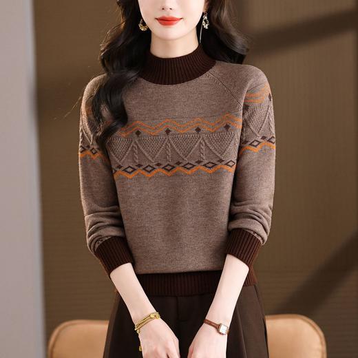 CC2025秋冬半高领撞色菱格毛衣女复古提花针织衫长袖保暖内搭打底衫 商品图1