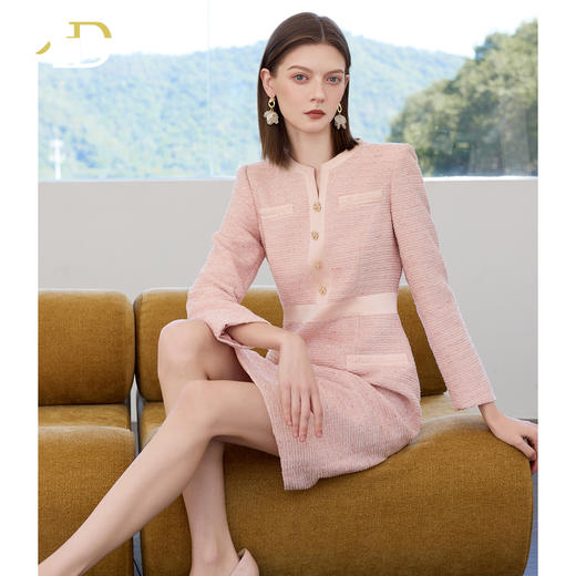 AD秋冬季厚款连衣裙女2025新款粉色雪尼尔拼色长袖A字裙优雅气质 商品图2