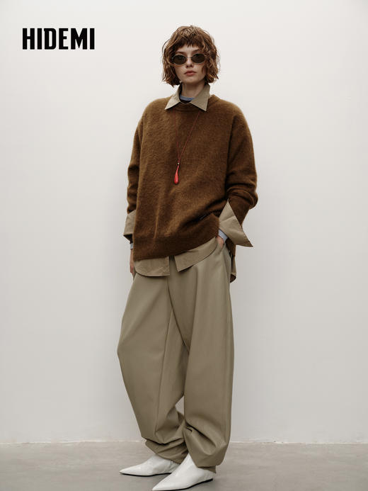 HIDEMI 藏地可溯源牦牛绒系列长毛拉毛圆领廓形麂皮拼接厚款大毛衣 商品图5