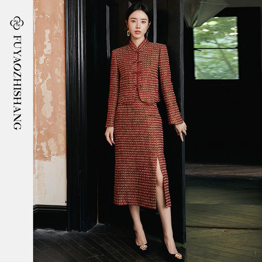 FUYAO扶摇 轻奢重工外套开叉半身裙红色小香风粗花呢编织羊毛套装 商品图1