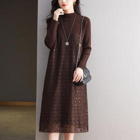 CC网纱拼接连衣裙过膝轻奢高级感针织长裙冬季新款气质显瘦裙子内搭