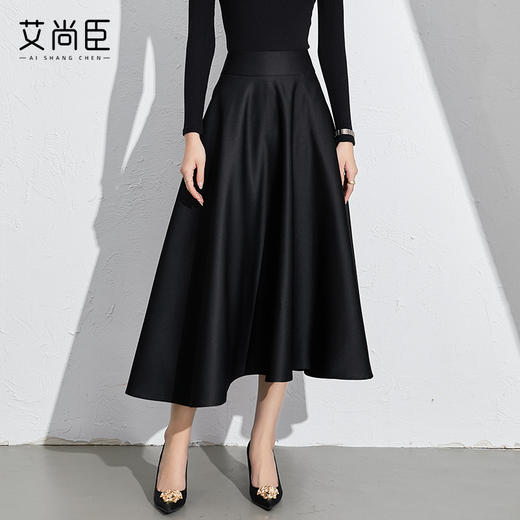 艾尚臣黑色法式赫本风气质半身裙a字长裙中长款显瘦裙子垂坠感 商品图0