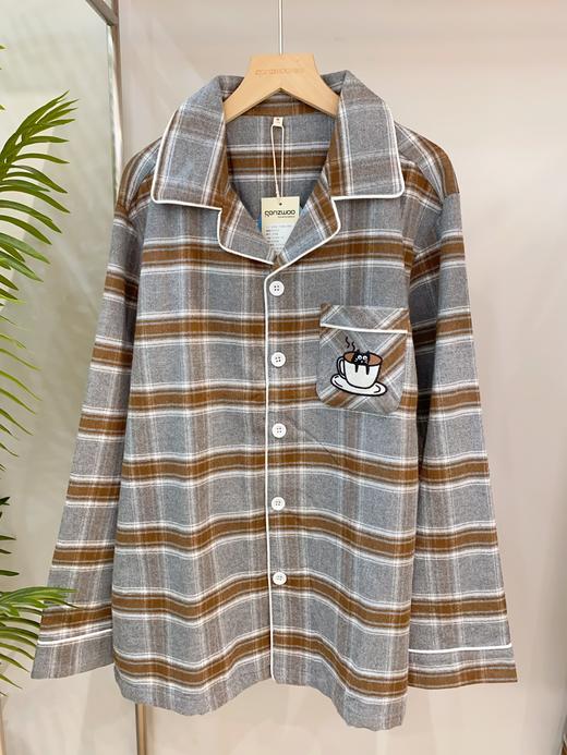 松植屋秋冬男款《茶杯猫》加厚磨毛绒布长袖睡衣套装100%全棉绒布家居服 商品图1